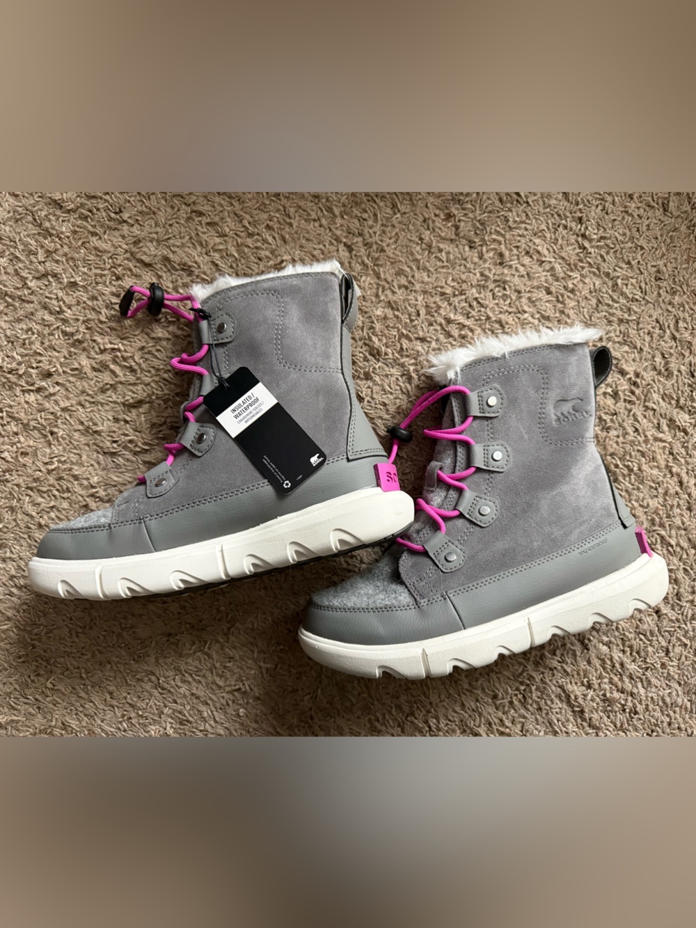 Sorel Grey Suede Winter Lace-Up Boot with Pink/Purple Accents